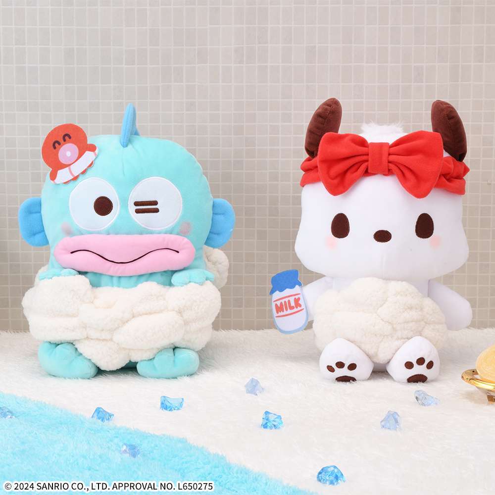 ゆるかわ　サンリオキャラクターズ　Lぬいぐるみハンギョドン・ポチャッコ　もこもこおふろタイム