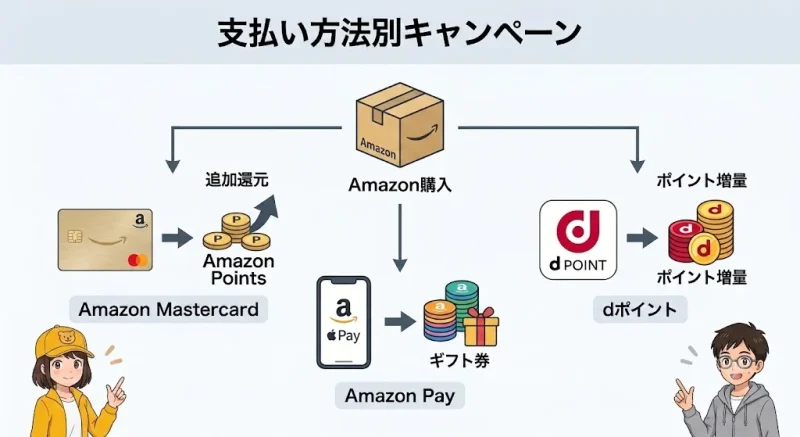 amazon キャンペーン 支払い方法別に選ぶキャンペーン｜Amazon Mastercard・Amazon Pay・dポイント