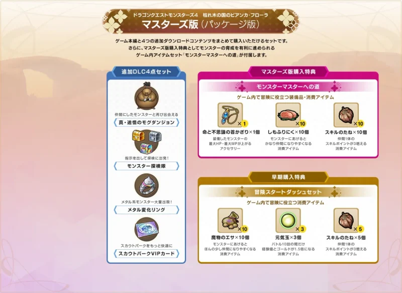 ドラクエモンスターズ4 予約特典 マスターズ版の特典：追加DLC4点とモンスターマスターへの道